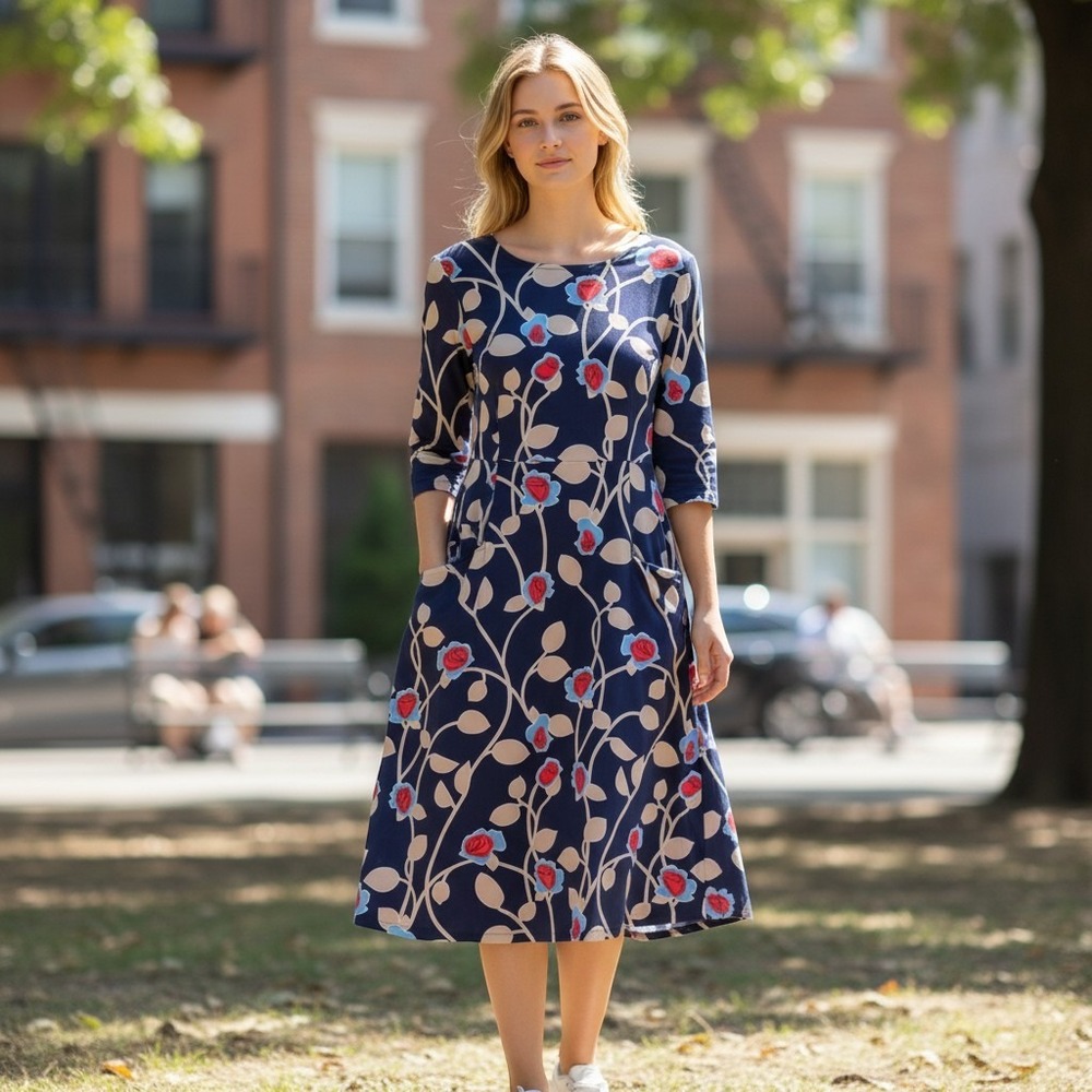 J.McLaughlin Navy Blue Floral Vine Print 3/4 Sleeve Sheath Dress Size M